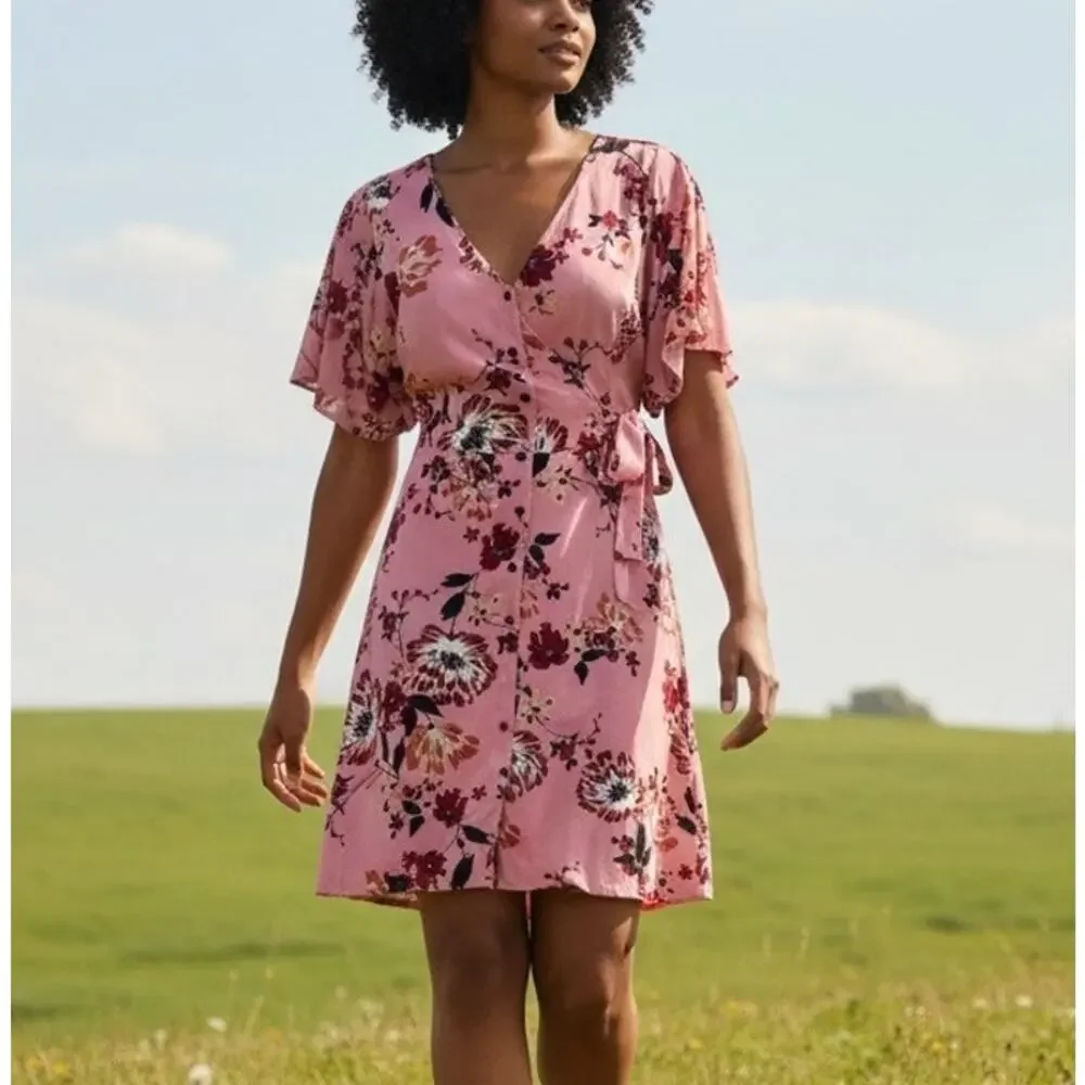 City Chic Pink Floral Mini Wrap Dress Size 20 Work Party Wedding Romantic $100 - Picture 3 of 10